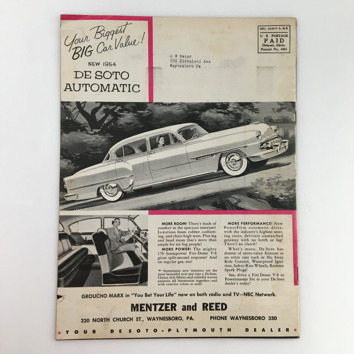 Back cover advertisement of a 1954 De Soto Automatic car, showcasing a stylish vehicle alongside promotional text, part of the People and Places Magazine March 1954.