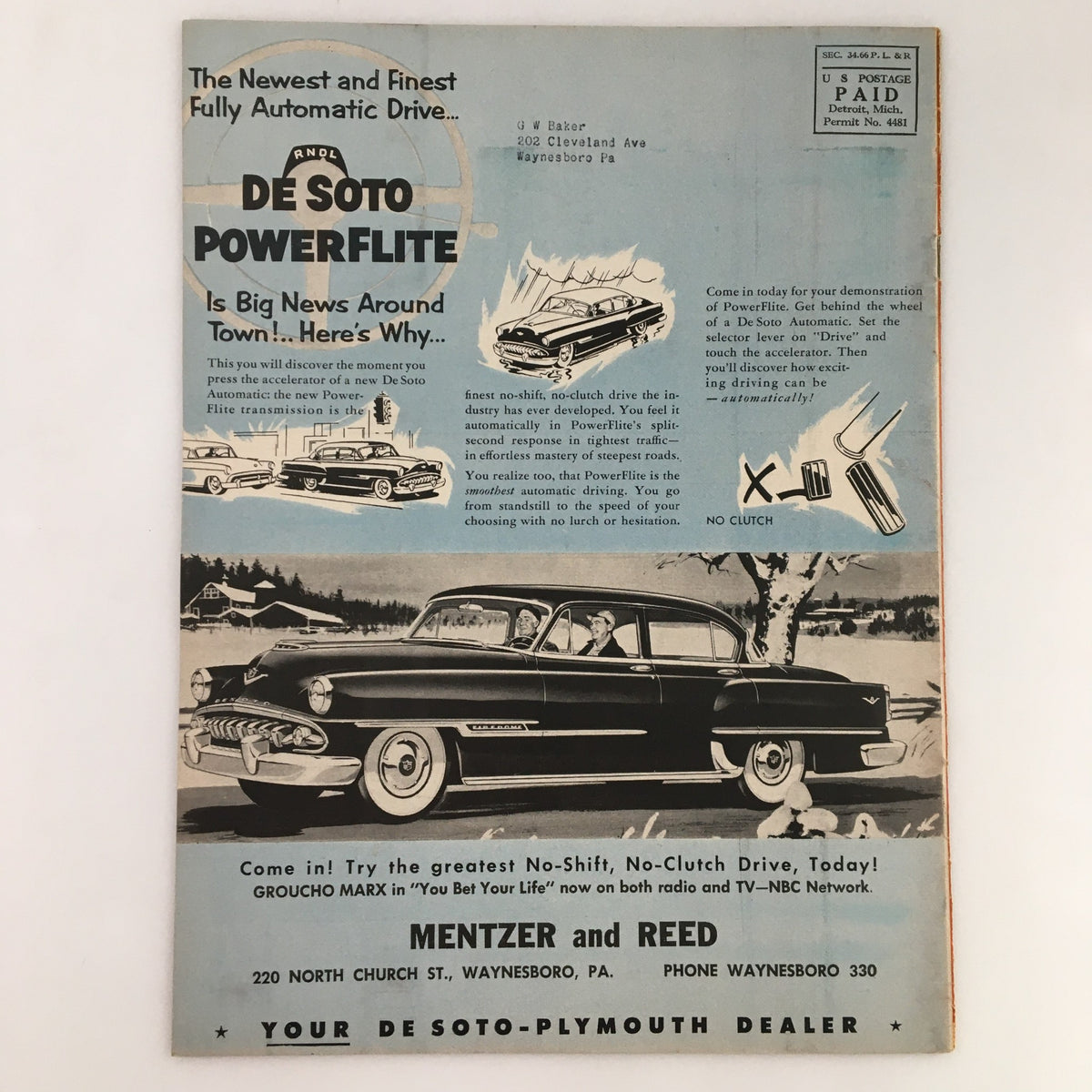 Advertisement on the back cover of People and Places Magazine January 1954 showcasing the De Soto Powerflite automatic drive. Features classic cars and promotional text, emphasizing the advanced no-clutch driving experience.