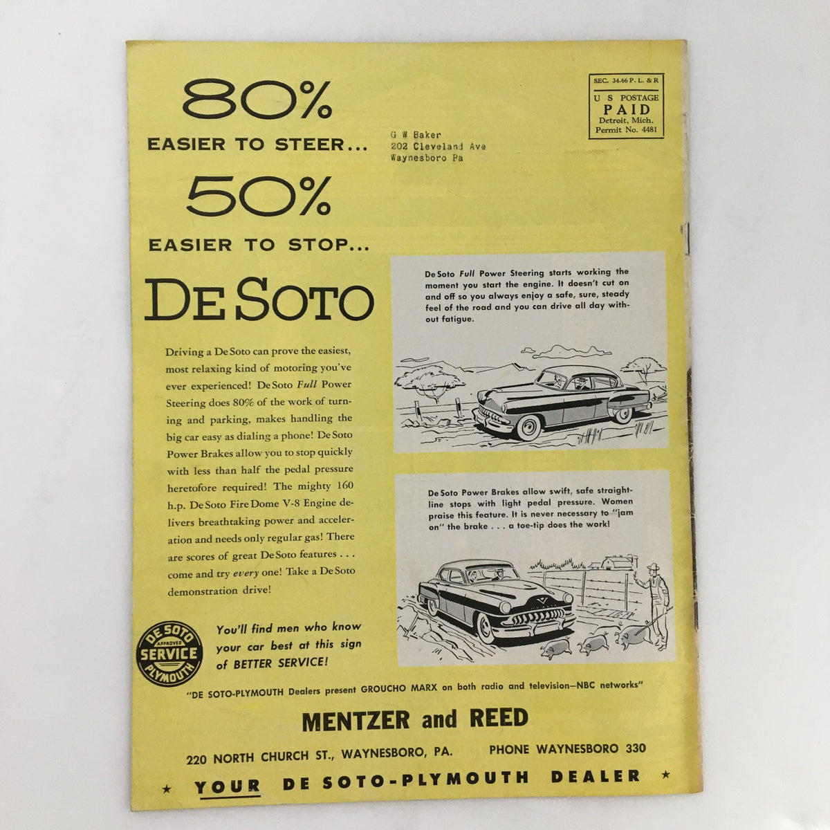 Back cover advertisement for DeSoto cars showcasing features like Power Steering and Power Brakes in People and Places Magazine, September 1953.