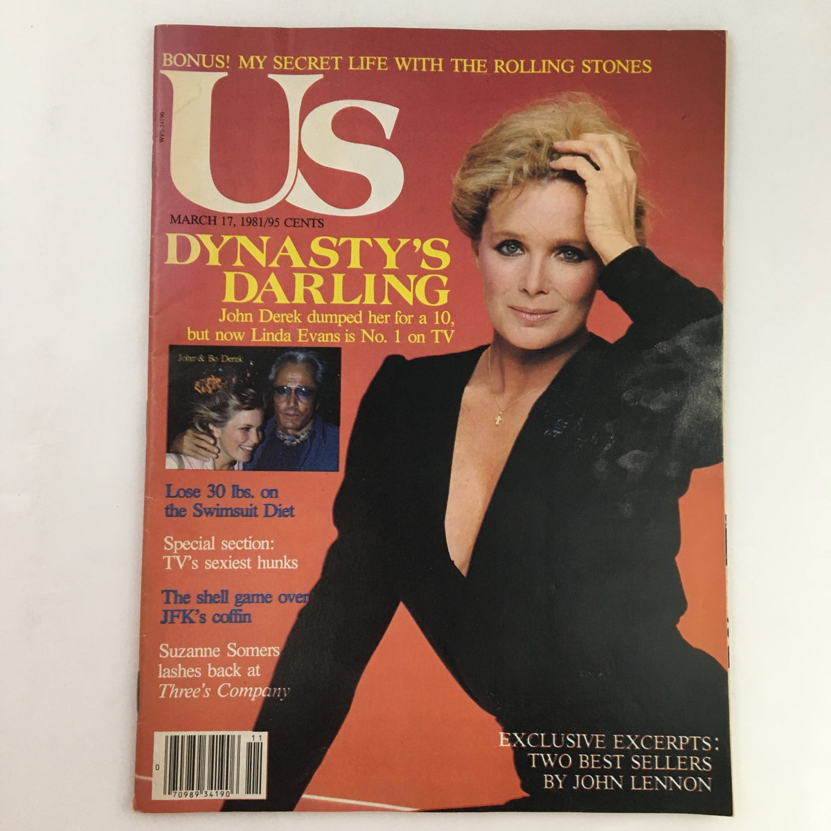 Cover of US Magazine March 17, 1981 featuring Suzanne Somers, John Derek, and Linda Evans, highlighting the article 'Dynasty's Darling'.