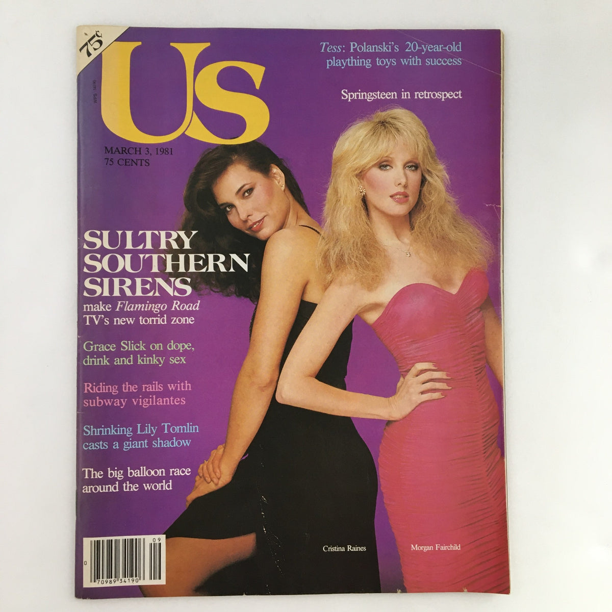 US Magazine March 3 1981 cover featuring Cristina Raines and Morgan Fairchild, showcasing their stunning fashion styles. The headline 'Sultry Southern Sirens' highlights the charm of the early 80s celebrity culture.