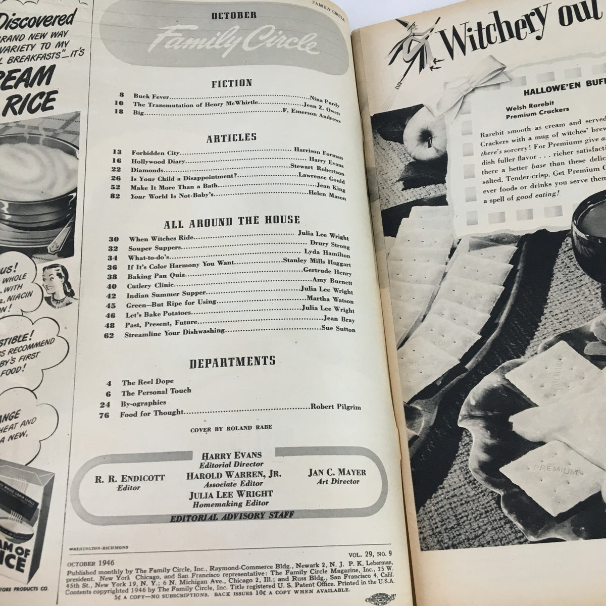 Interior page of The Family Circle Magazine October 1946 showcasing the table of contents and various articles related to home, family, and lifestyle, reflecting the culture of the 1940s.