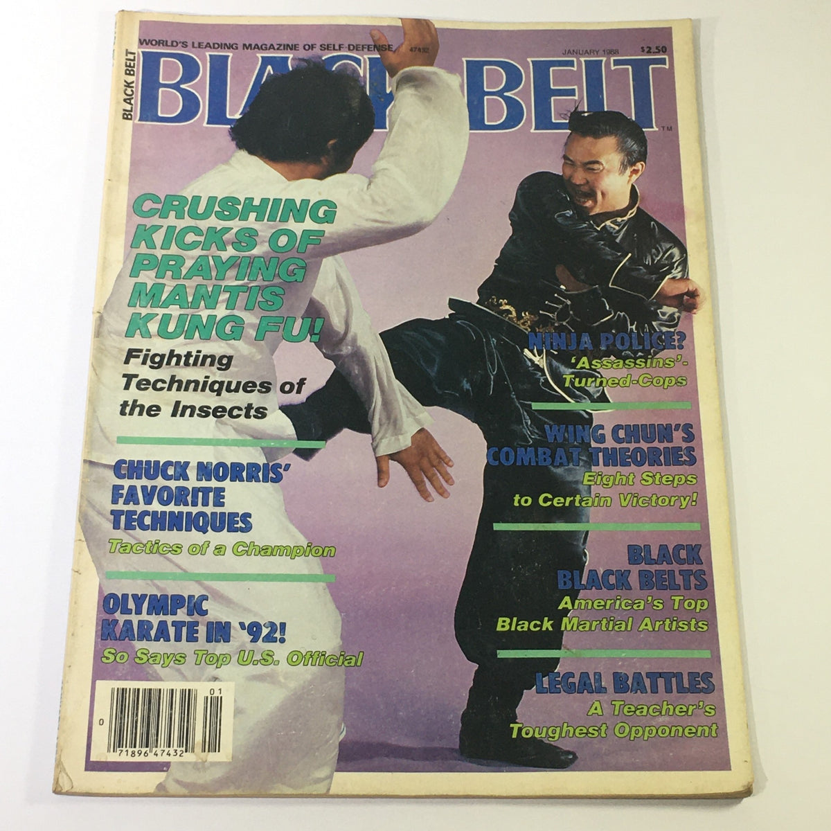Cover of VTG Black Belt Magazine January 1988 featuring Chuck Norris discussing his techniques, with illustrations related to Wing Chun combat and Kung Fu. The magazine includes articles on various martial arts topics and is part of a collectible vintage series.