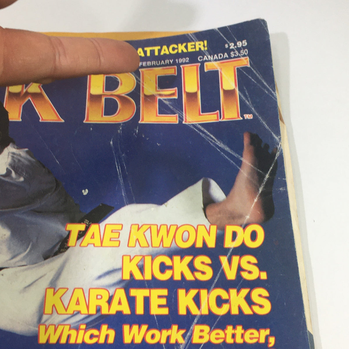 Close-up of Black Belt Magazine February 1992 cover highlighting the article on Tae Kwon Do and Karate kicks.