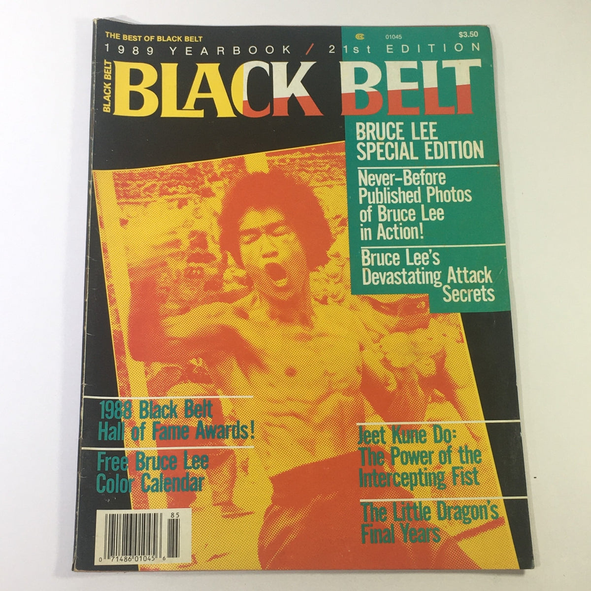 Cover of the Black Belt Magazine 1989 Yearbook 21st Edition featuring unpublished photos of Bruce Lee. The cover highlights Bruce Lee in action and includes promotional text about the magazine's special edition and features.