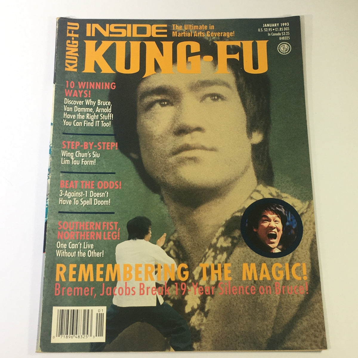 Cover of Inside Kung Fu Magazine January 1993 featuring an iconic image of Bruce Lee and headlines about Wing Chun Siu, showcasing martial arts culture and history.