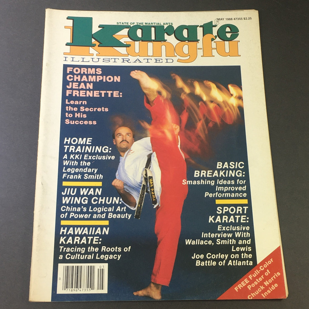 Cover of VTG Karate Kung Fu Illustrated Magazine May 1988 featuring Jean Frenette in action with a sidekick pose, highlighting articles on martial arts techniques, training tips, and interviews with experts.