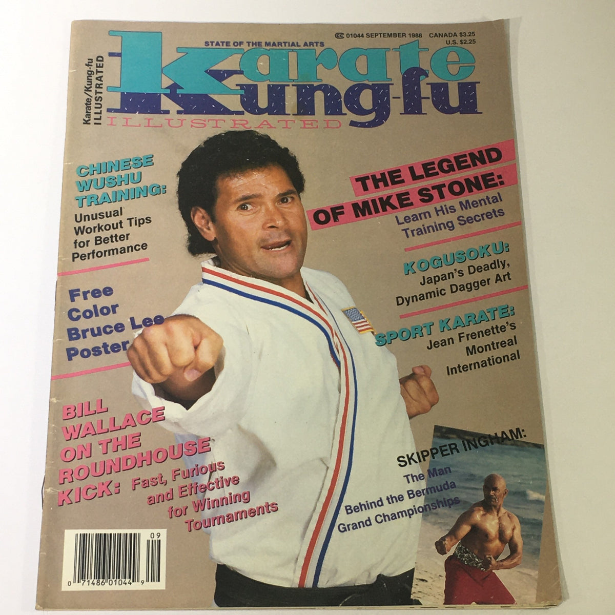 Cover of the Karate Kung Fu Illustrated Magazine from September 1988 featuring Mike Stone. The cover highlights articles on martial arts training, including techniques and legends in the field, alongside an image of Stone demonstrating his skills.