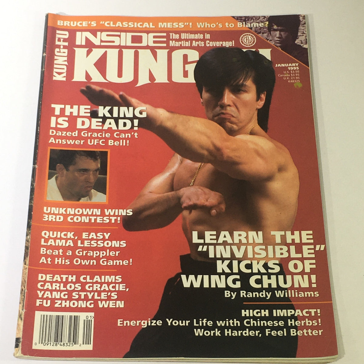 Inside Kung Fu Magazine January 1995 cover featuring martial arts themes, highlights on Royce Gracie, Carlos Gracie, and Wing Chun techniques.