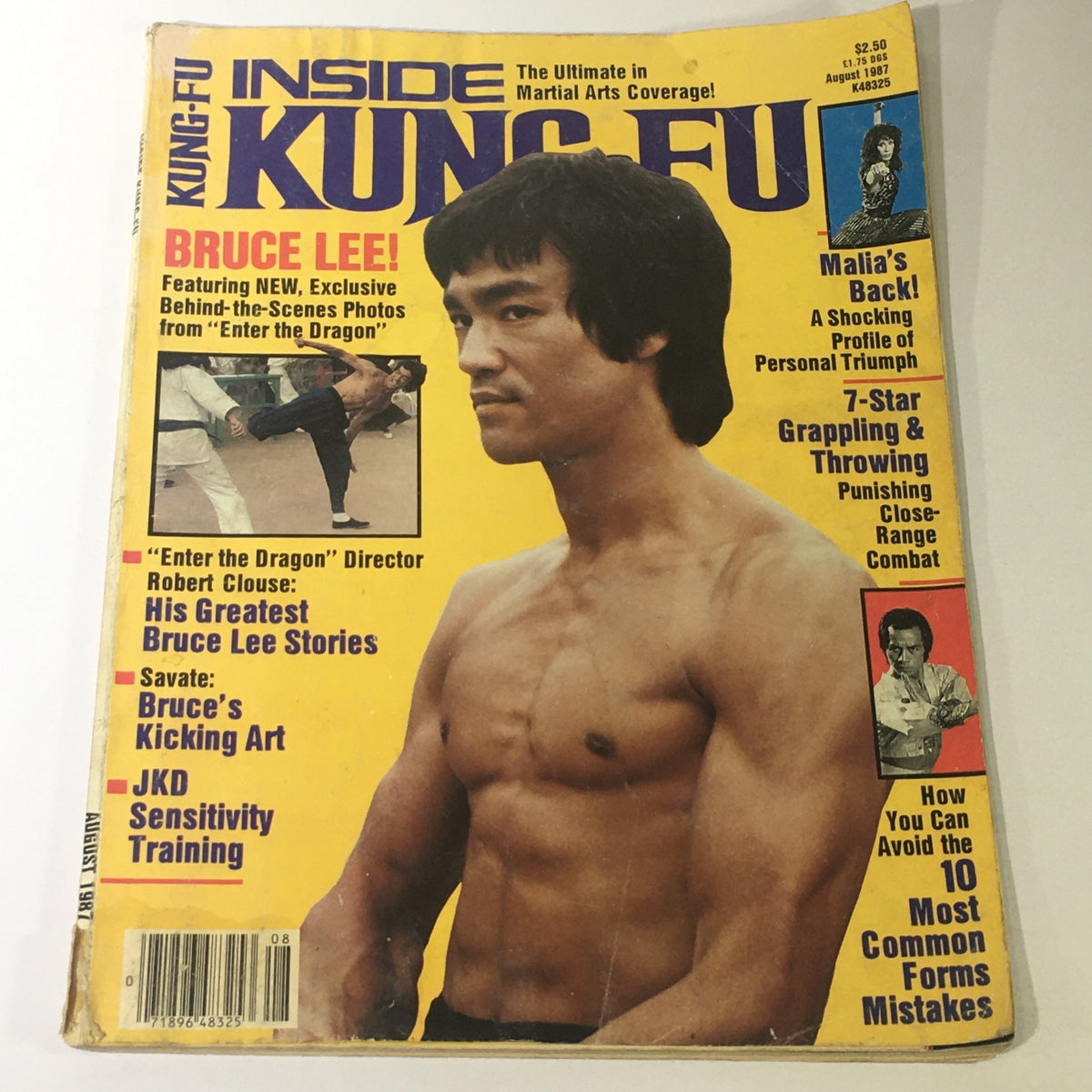 VTG Inside Kung Fu Magazine August 1987 featuring Bruce Lee on the cover, showcasing a stunning image of him with highlighted articles including 'Enter the Dragon' behind-the-scenes stories, martial arts techniques, and more.