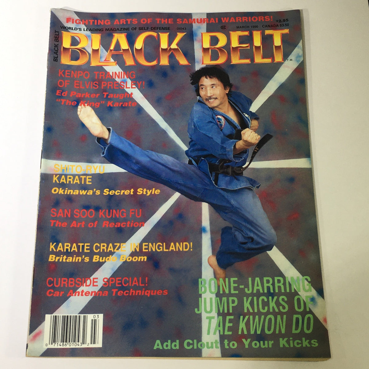 Cover of Black Belt Magazine March 1990 featuring Kenpo Training of Elvis Presley and San Soo martial arts. The magazine highlights various martial arts techniques and philosophies, showcasing the vibrant culture of martial arts in the 1990s.