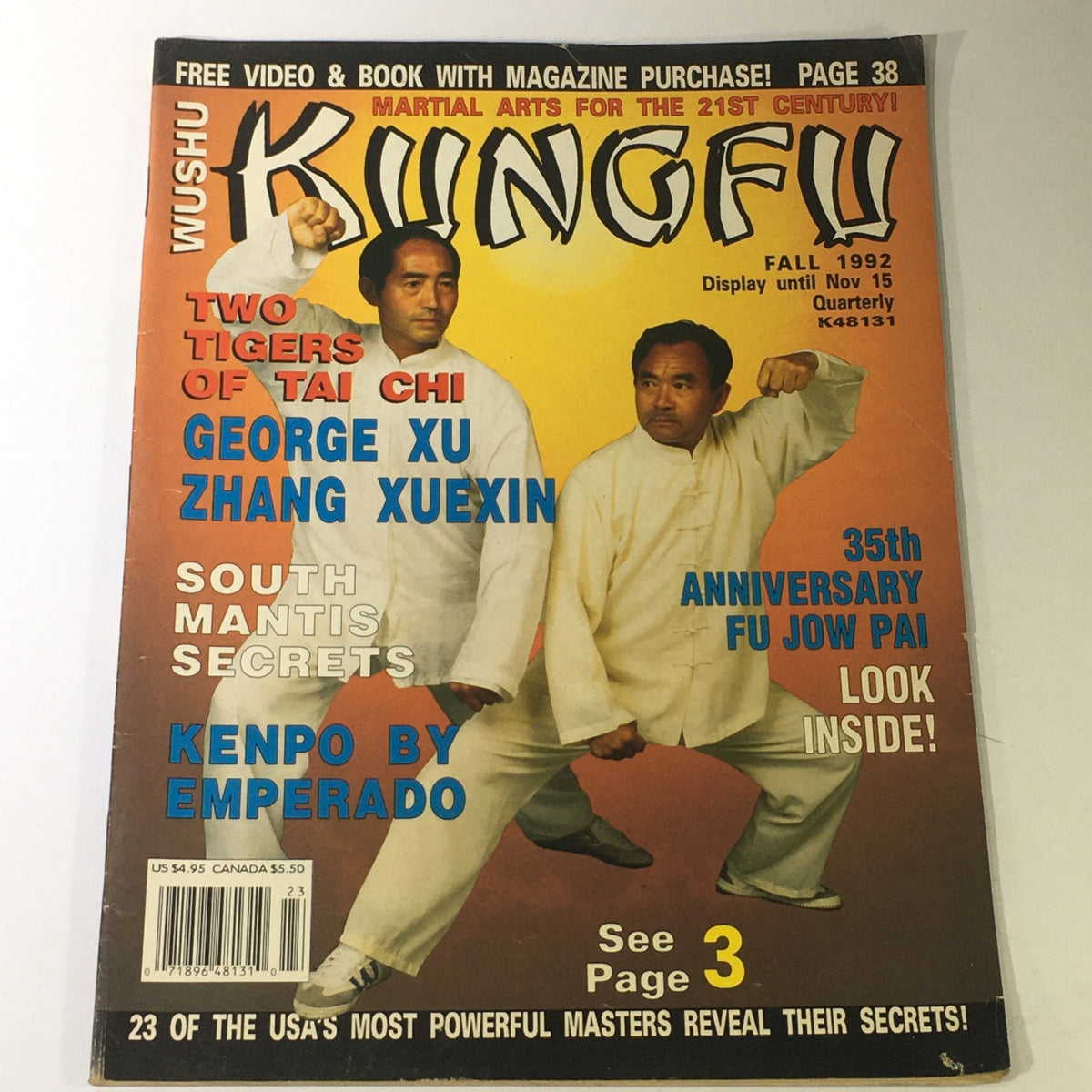 Cover of Wushu Kung Fu Magazine Fall 1992 featuring George Xu and Zhang Xuexin, known as the '2 Tigers of Tai Chi.' The magazine showcases martial arts insights and culture during that period, with vibrant colors and key highlights such as 'South Mantis Secrets' and 'Kenpo by Emperado.' An essential collectible for kung fu enthusiasts.
