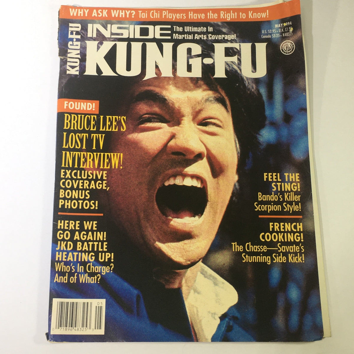 Inside Kung Fu Magazine May 1994 cover featuring Bruce Lee's lost TV interview. Highlights include exclusive coverage, bonus photos, and a feature on Bando's Scorpion Style.