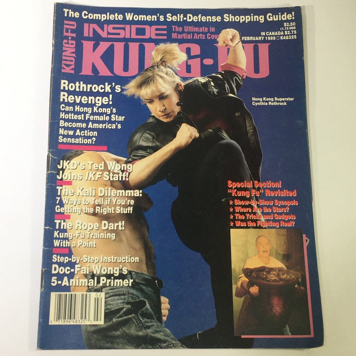 Cover of VTG Inside Kung Fu Magazine February 1989 featuring Hong Kong superstar Cynthia Rothrock, showcasing articles on martial arts training and film.