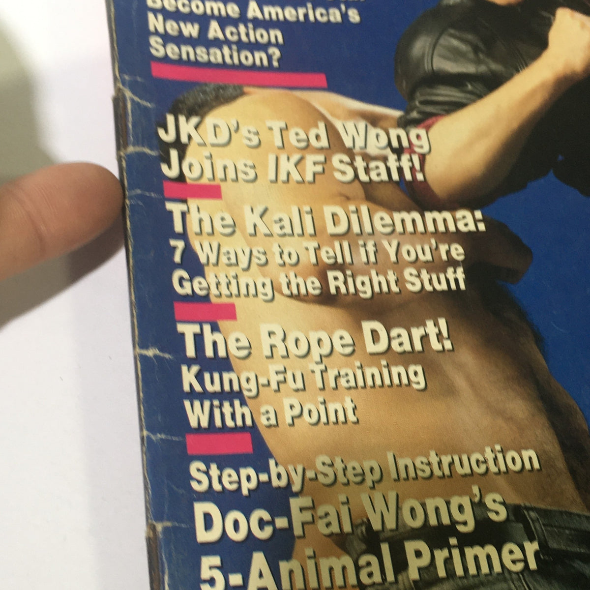 Close-up view of VTG Inside Kung Fu Magazine February 1989 highlighting featured topics such as JKD's Ted Wong and Kali Dilemma, along with Cynthia Rothrock.