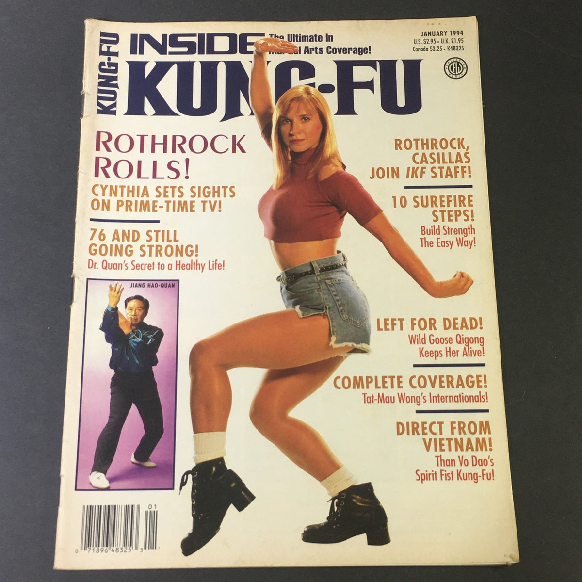 Cover of Inside Kung Fu Magazine January 1994 featuring Cynthia Rothrock in action, with Jiang Hao-Quan highlighted on the side, showcasing martial arts themes and articles from the 90s.