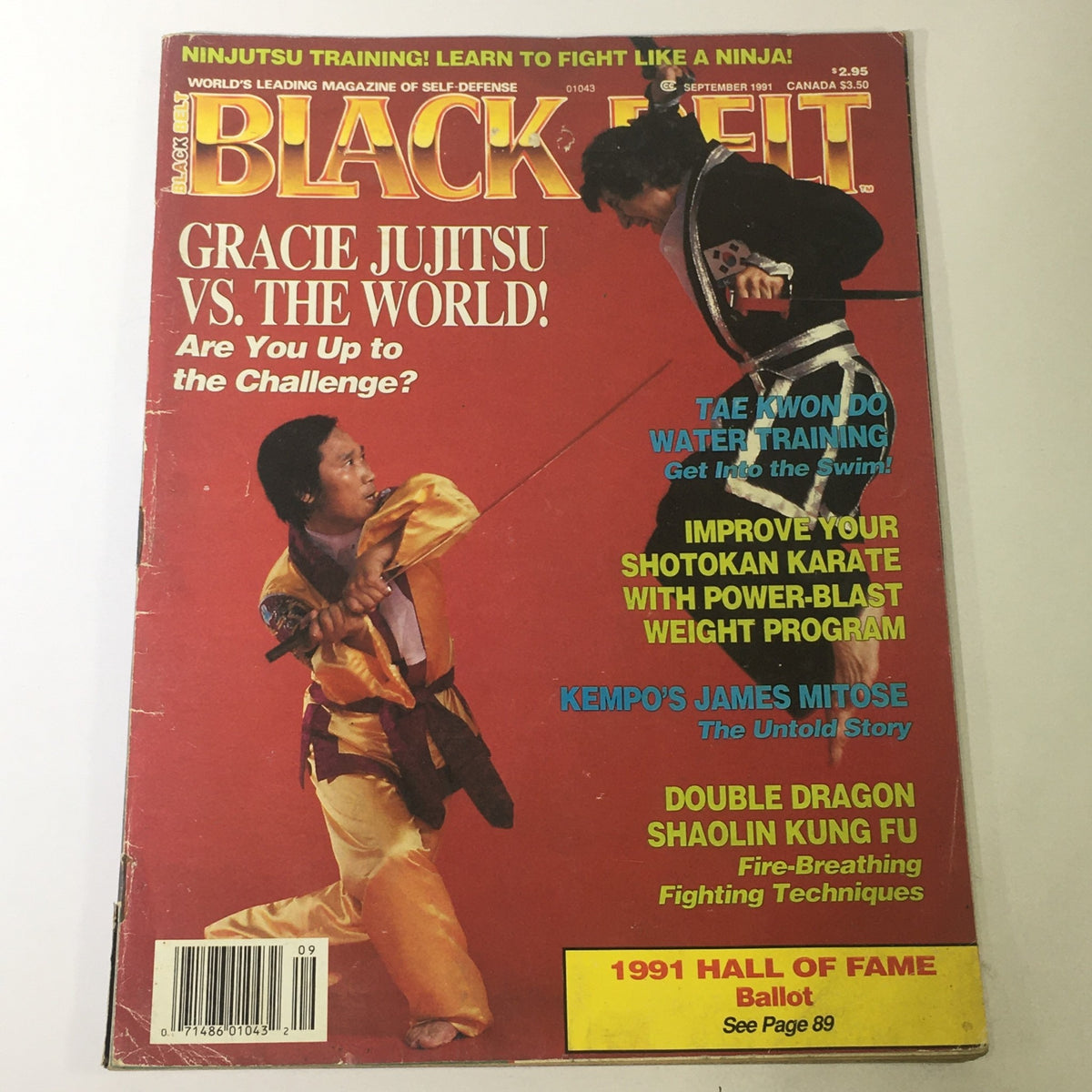 Cover of Black Belt Magazine September 1991 featuring the article 'Royce Gracie vs The World / James Mitose'. The front cover showcases martial arts graphics and highlights topics such as Gracie Jujitsu and martial arts training tips.