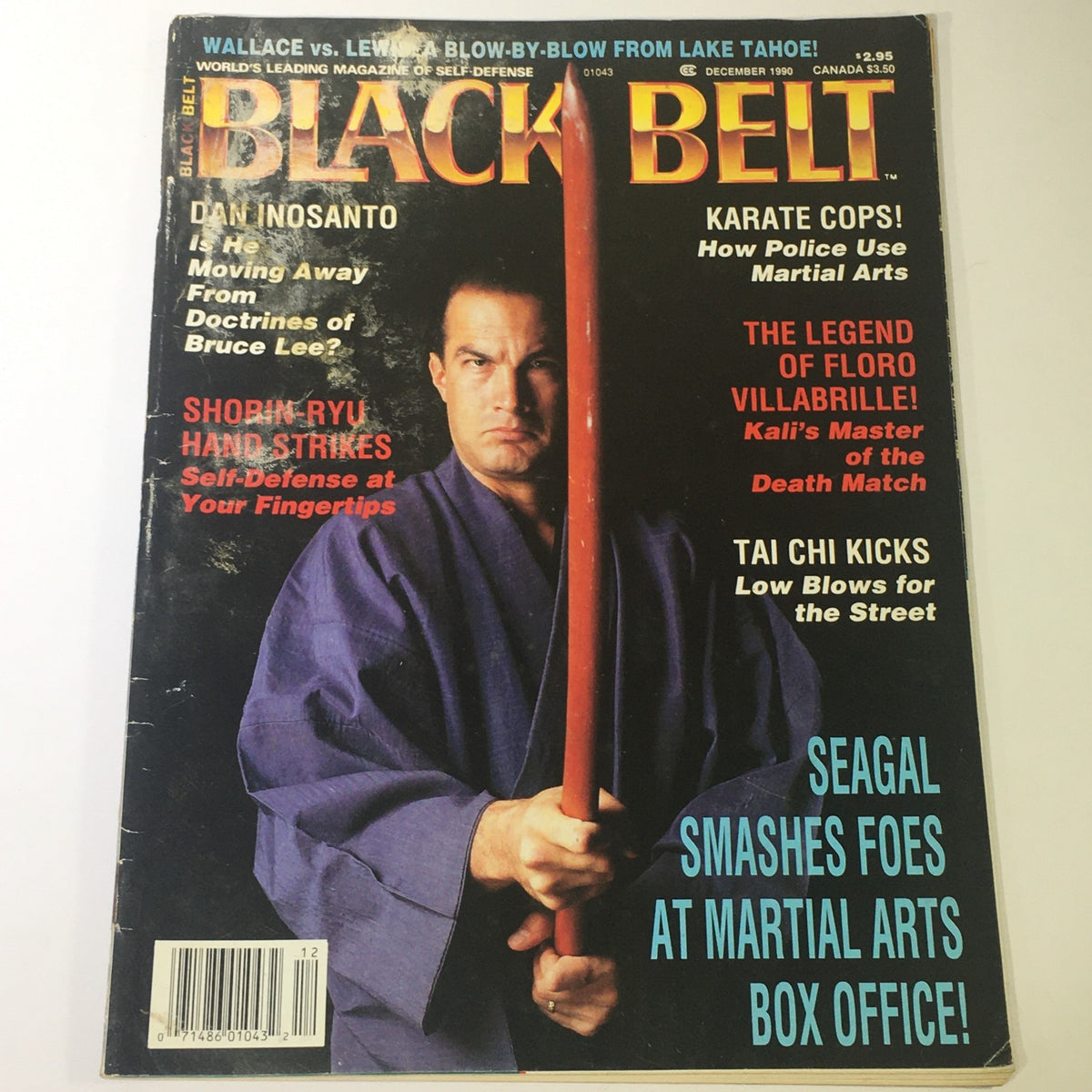 Cover of Black Belt Magazine December 1990 featuring Steven Seagal and Dan Inosanto, with a focus on Shorin-Ryu martial arts and self-defense tips.