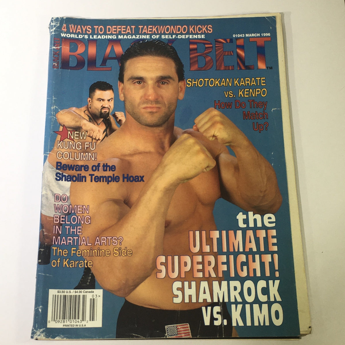 Cover of Black Belt Magazine March 1996 featuring Ken Shamrock and Kimo Leopoldo, highlighting the ultimate super fight and a discussion on Shotokan Karate vs Kenpo.