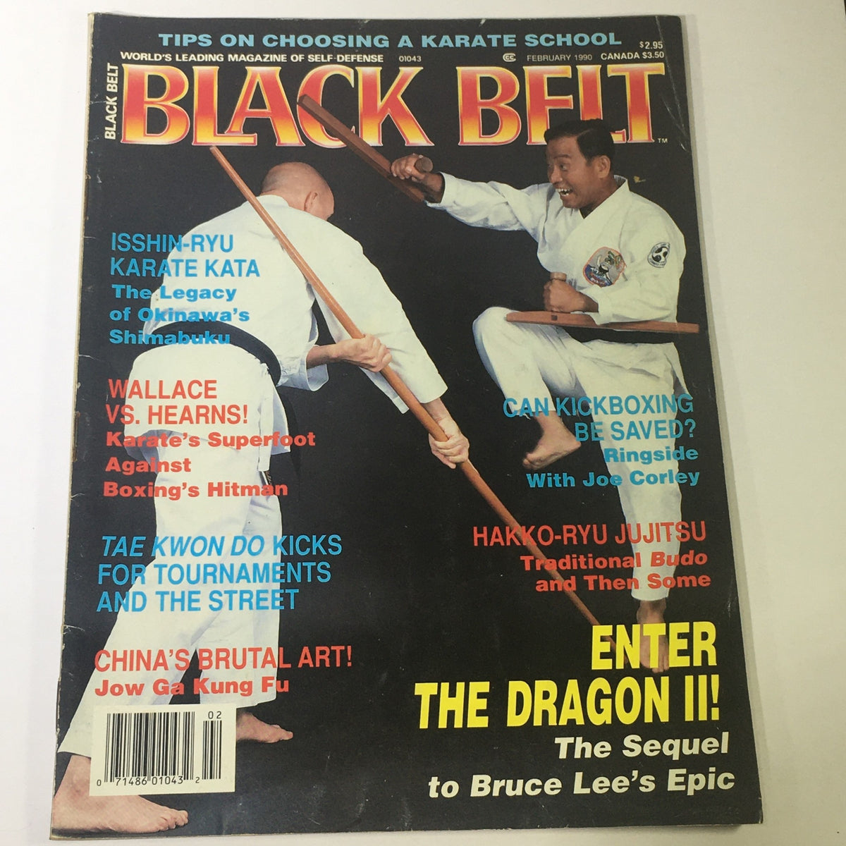 Cover of Black Belt Magazine February 1990 featuring a dramatic portrayal of martial artists in action, emphasizing the match-up between Thomas Hearns and Bill Wallace, with other articles on karate and kickboxing.
