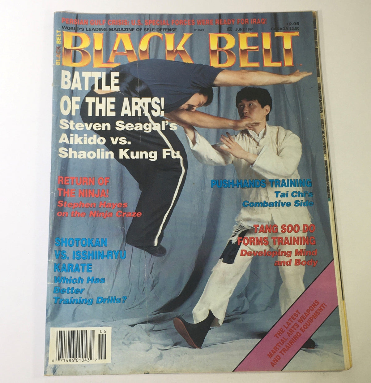 Cover of Black Belt Magazine June 1991 featuring the article "Steven Seagal's Aikido vs. Shaolin Kung Fu". The magazine showcases dynamic martial arts poses and headlines including 'Battle of the Arts', with vibrant colors and imagery reflecting martial arts culture of the early '90s.