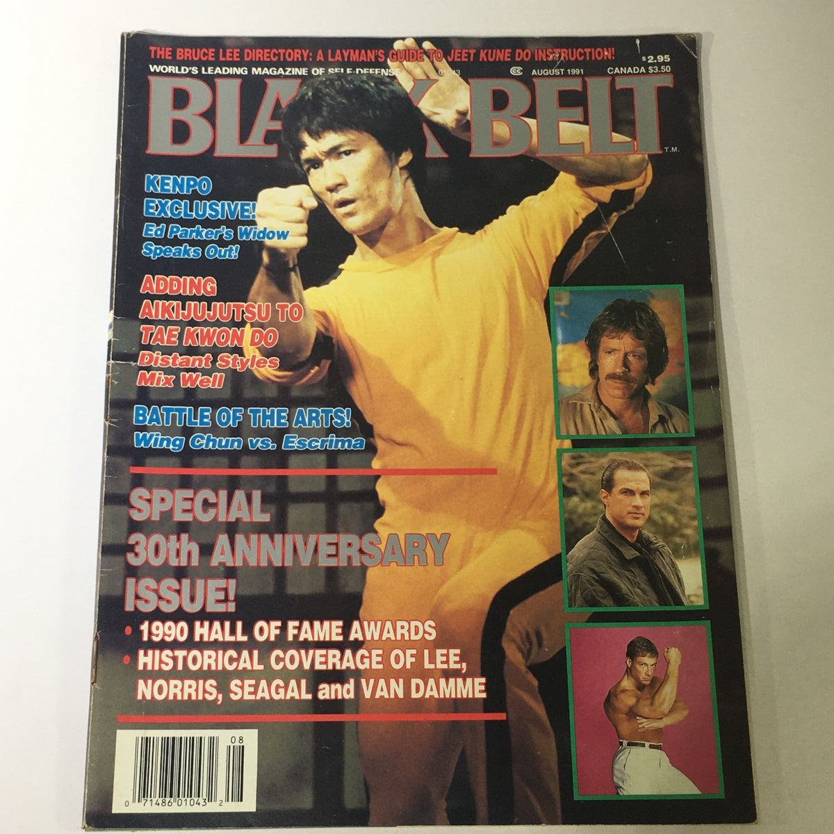 Cover of Black Belt Magazine August 1991 featuring Bruce Lee, Chuck Norris, Steven Seagal with highlights on Kenpo, Taekwondo, and martial arts history.