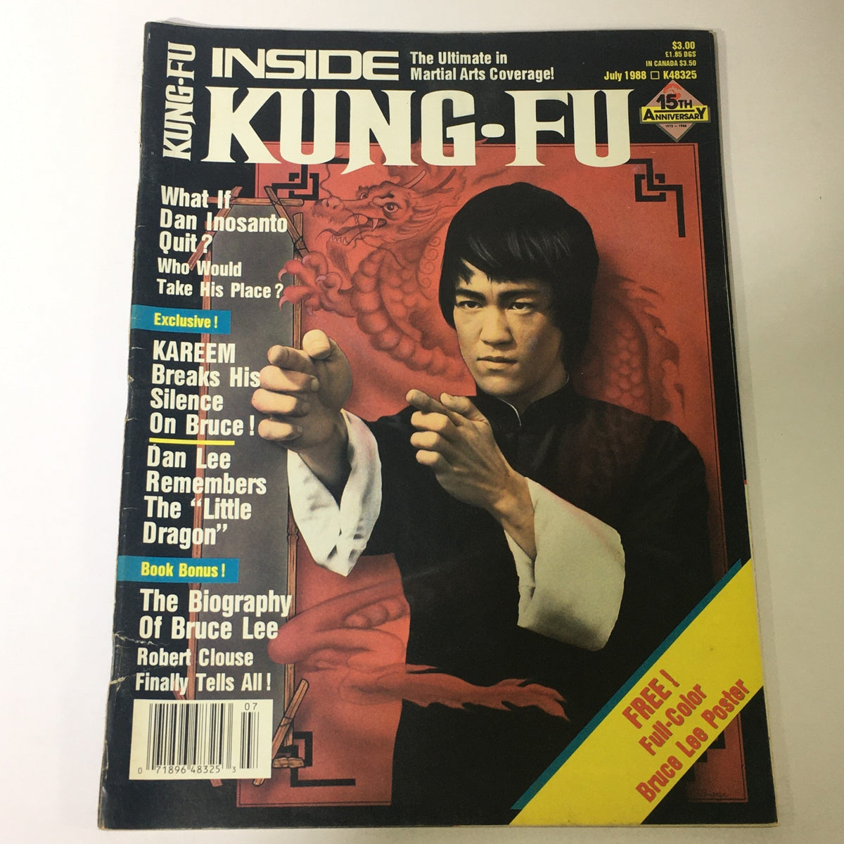 Cover of Inside Kung Fu Magazine July 1988 featuring Bruce Lee, highlighting articles and a biography by Robert Clouse, with imagery depicting martial arts themes.