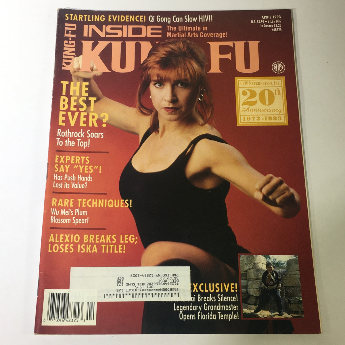 Cover of Inside Kung Fu Magazine, April 1993, featuring martial artist Cynthia Rothrock in an action pose, highlighting her achievements and the Ika Title controversy involving Alexio. The issue celebrates 20 years of martial arts coverage.