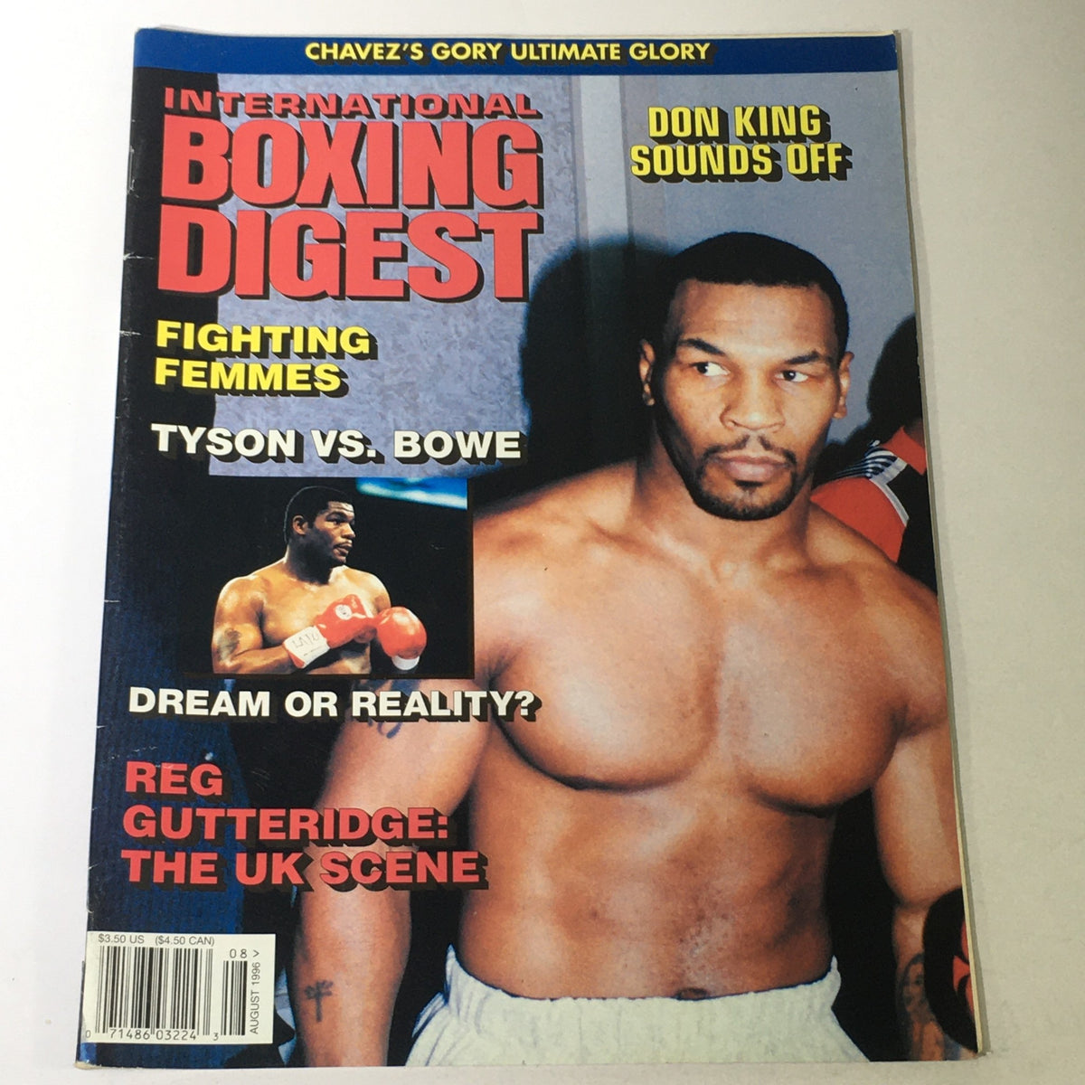 Cover of International Boxing Digest August 1996 featuring Mike Tyson vs Riddick Bowe and commentary by Don King. The magazine highlights boxing news, minor wear details, and is sold with a protective covering.