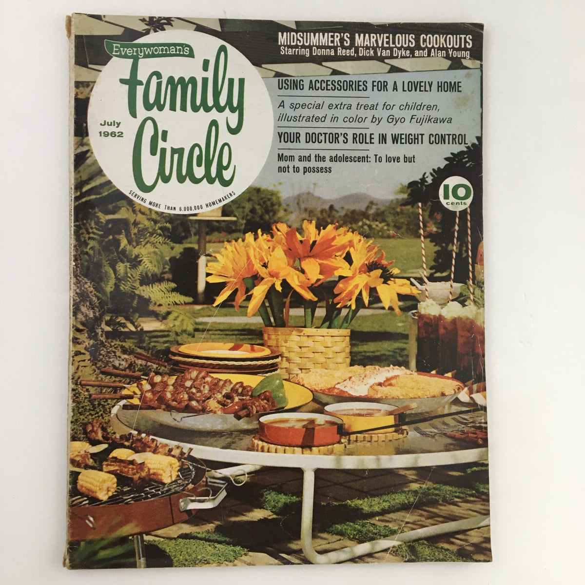 Cover of Family Circle Magazine July 1962 featuring an article titled 'Your Doctor's Role in Weight Control'. The cover depicts a summer picnic scene with various food items, flowers, and a vintage aesthetic.