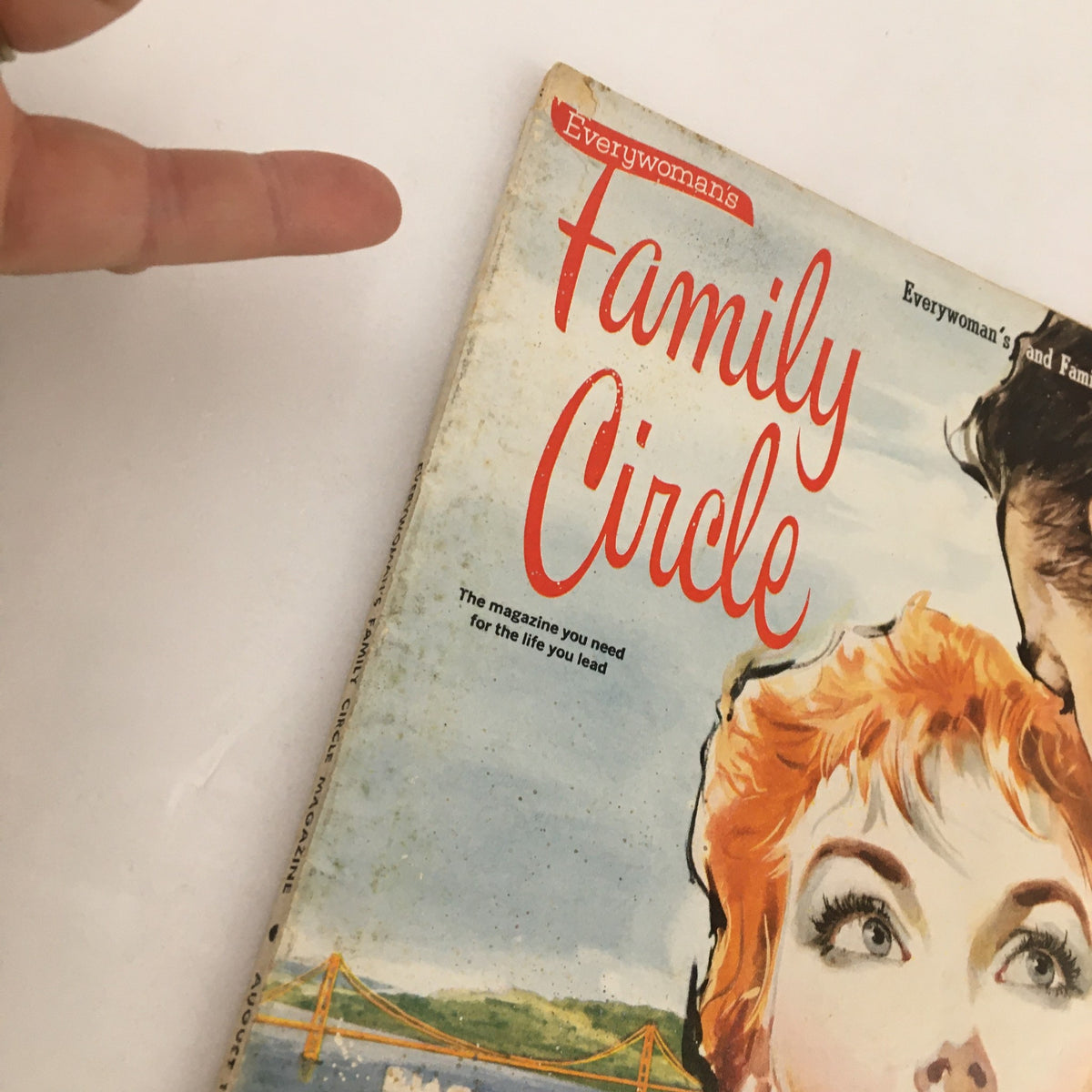 Cover of Family Circle Magazine from August 1958 featuring the title prominently displayed along with a colorful illustration. This vintage issue features the captivating fiction of Adela Rogers St. Johns.