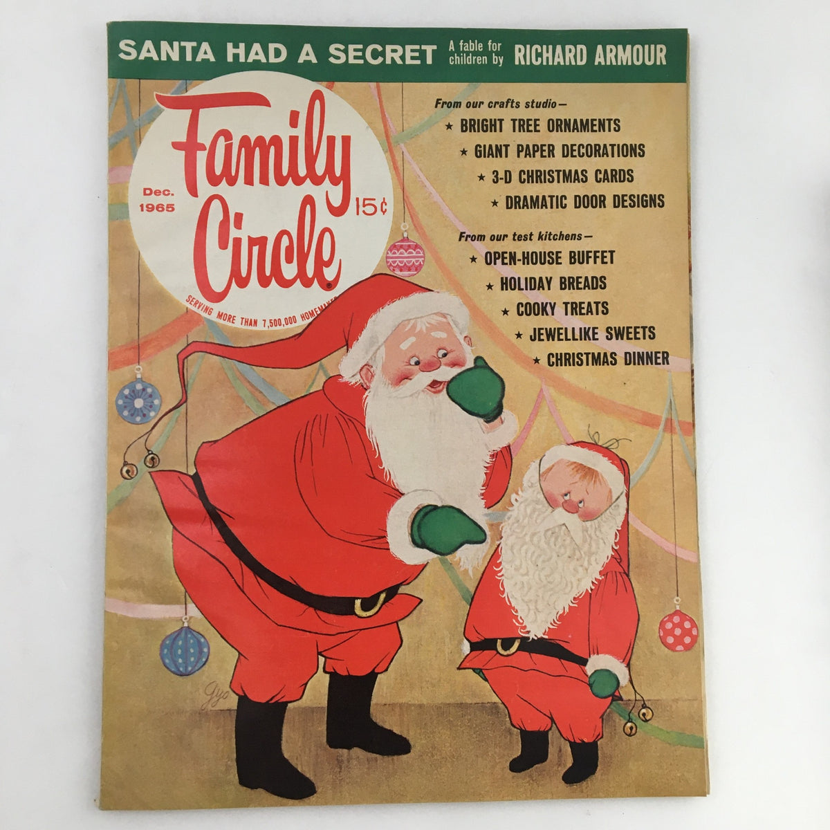Family Circle Magazine December 1965 featuring 'Santa Had A Secret' by R. Armour. The cover displays two Santa figures, each wearing bright red suits and interacting playfully, set against festive decorations, capturing the holiday spirit of the 1960s.