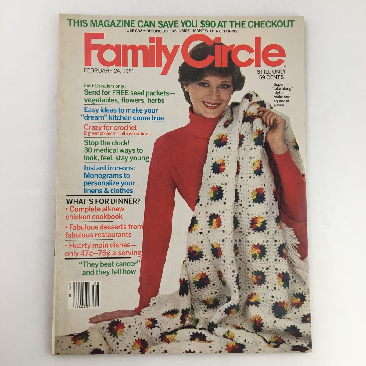 Family Circle Magazine February 24, 1981 cover featuring a woman in a red sweater holding a colorful crochet blanket, with the headline 'Crazy for Crochet' highlighting crochet projects and homemaking tips for readers.