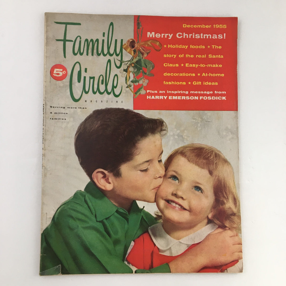 Cover of Family Circle Magazine from December 1955 featuring a boy and girl celebrating Christmas, highlighting a message from Harry Emerson Fosdick.