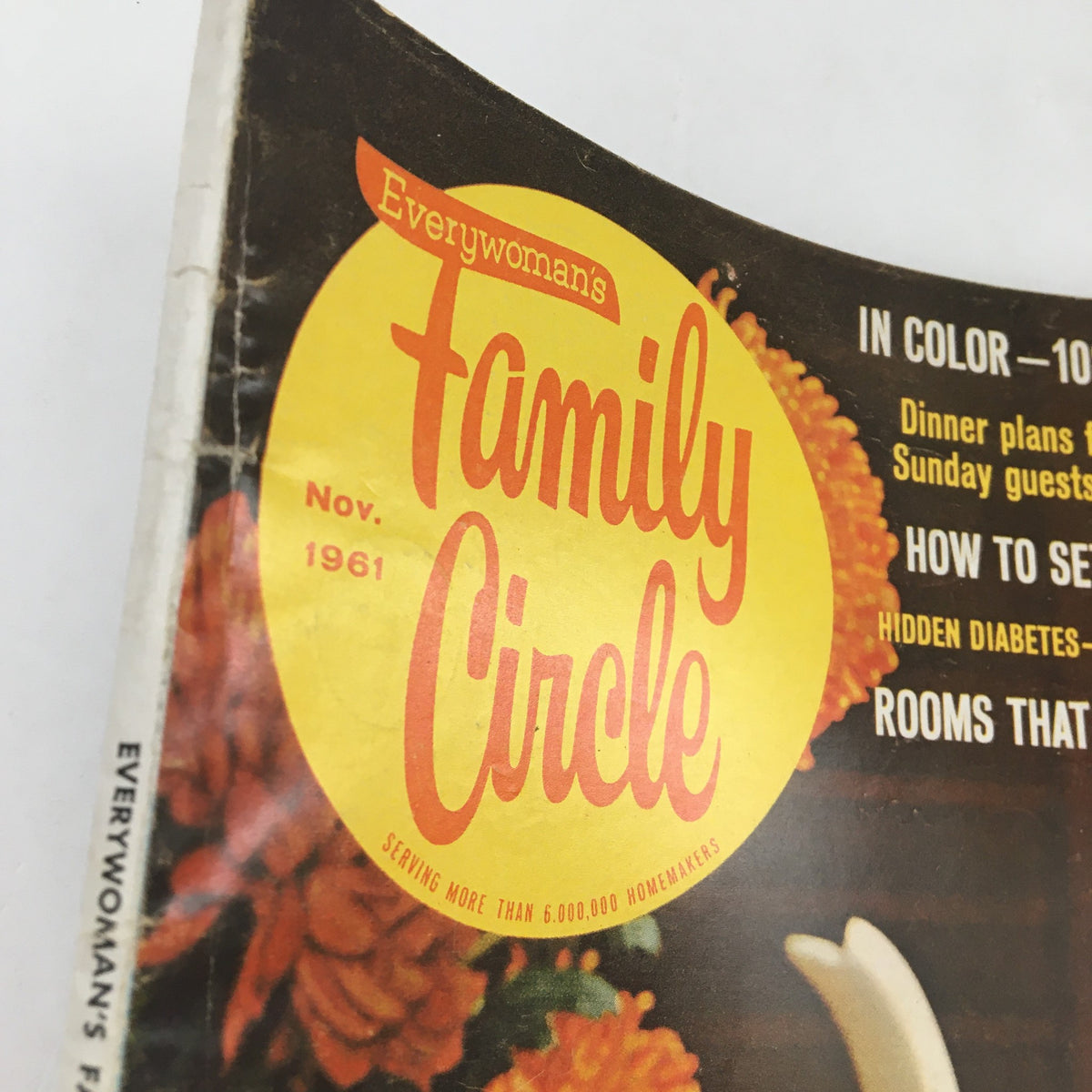 Close-up of Family Circle Magazine November 1961 cover featuring the magazine's logo and publication date, with highlights on dinner plans and holiday table setting.