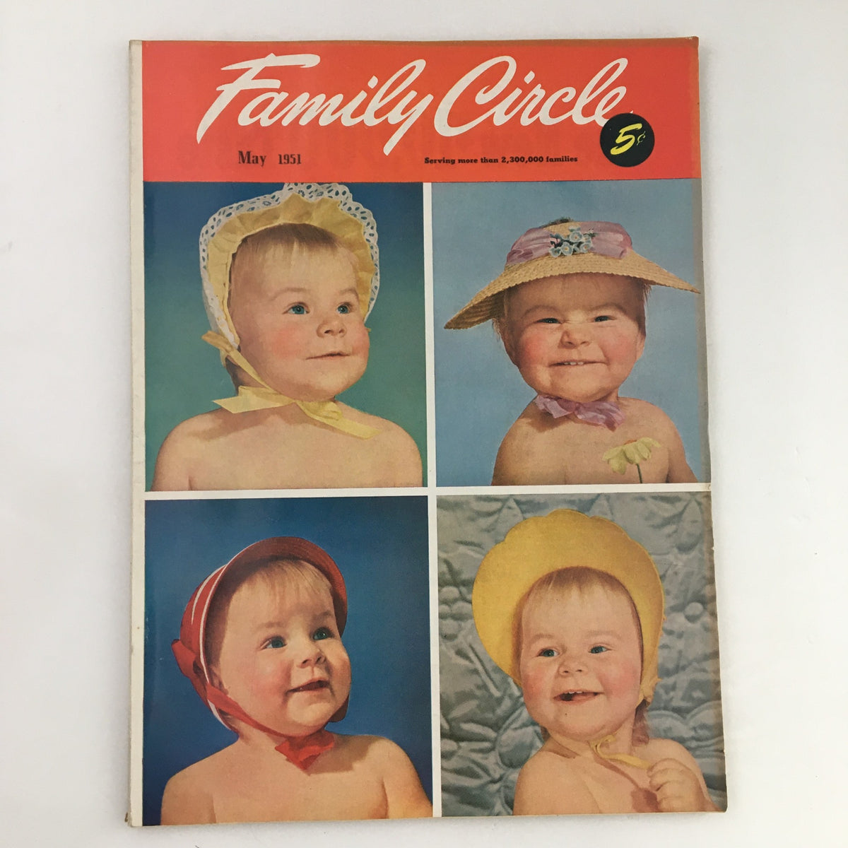 Family Circle Magazine May 1951 cover featuring charming photographs of adorable babies smiling. The cover showcases four images of infants wearing playful hats against a vibrant background.