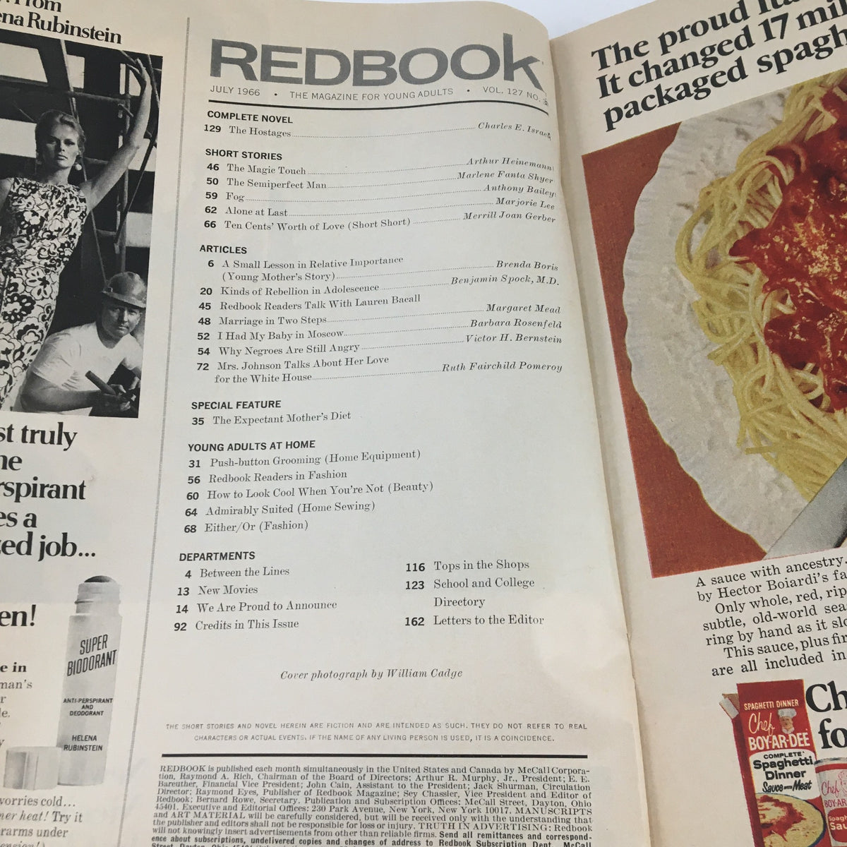 Inside pages of Redbook Magazine July 1966, featuring the table of contents and article references including 'Mrs. Johnson Talks About Her Love for the White House'.