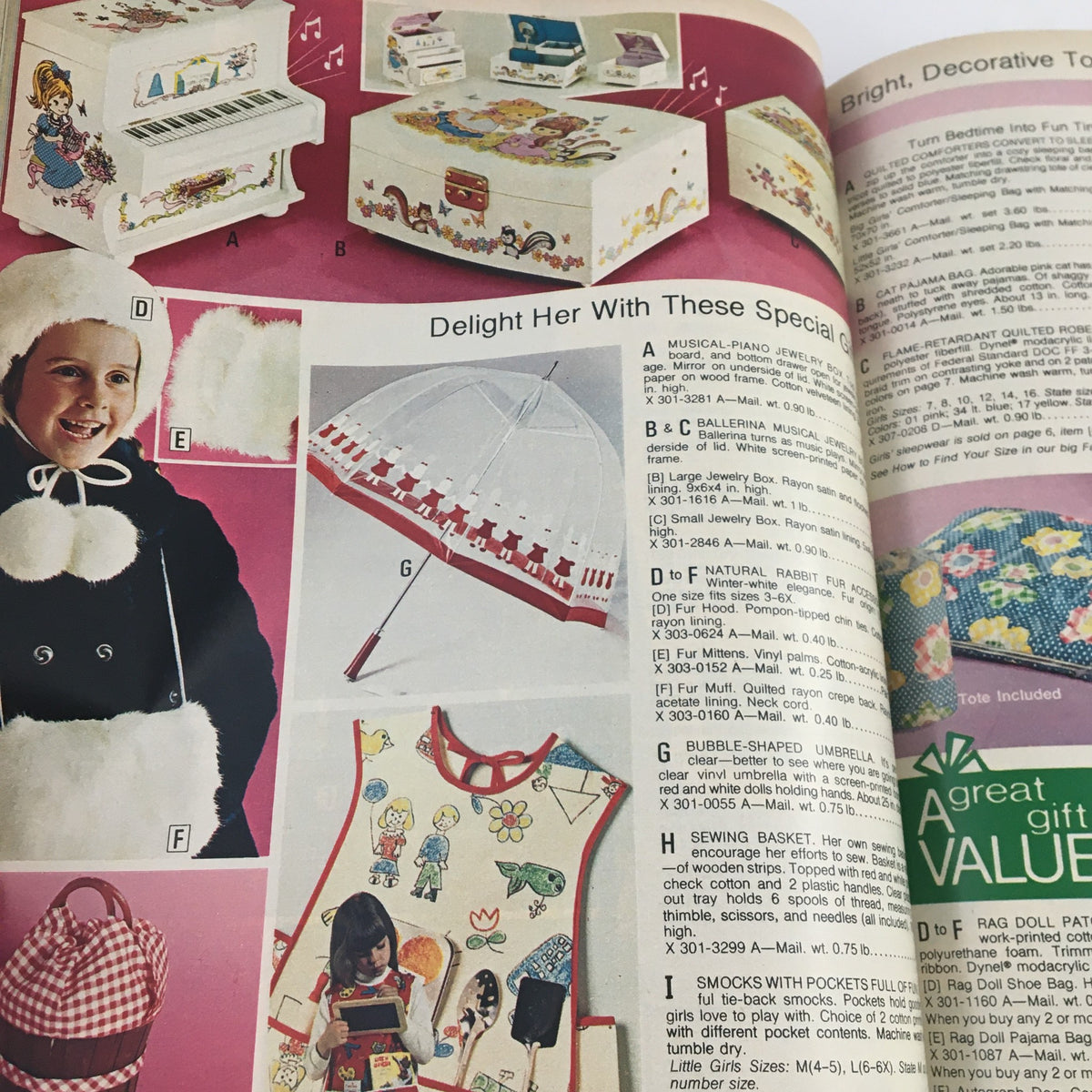 Detailed page from the 1974 JCPenney Christmas Colorful Weebles Toys and Dresses Price Catalog highlighting various gift options and playful attire for children, emphasizing the joy of festive giving.