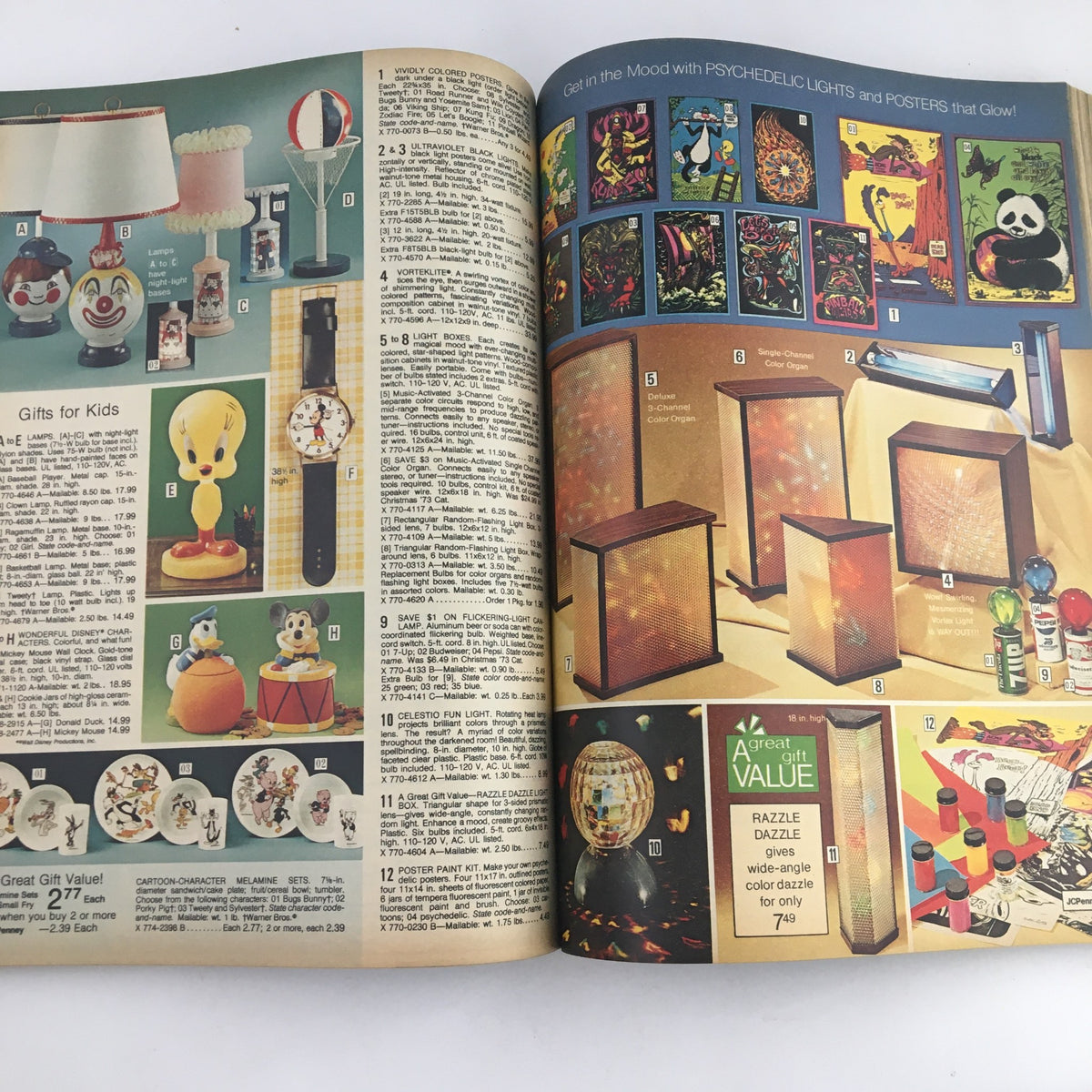 1974 JCPenney Christmas Colorful Weebles Toys and Dresses Price Catalog showcasing a variety of children's gifts and psychedelic lights.