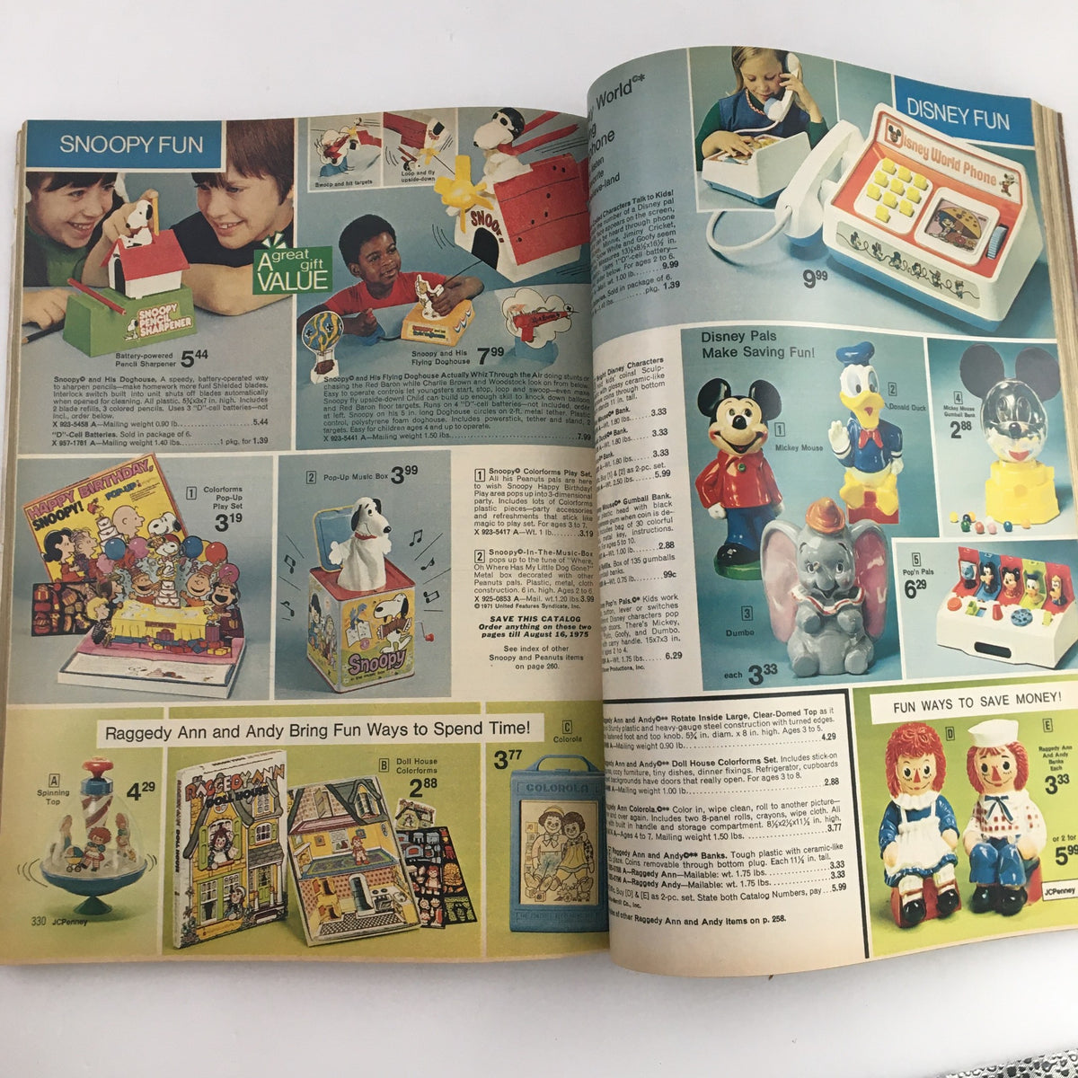 1974 JCPenney Christmas Colorful Weebles Toys and Dresses Price Catalog displaying Snoopy-themed toys and Disney Pal figurines.