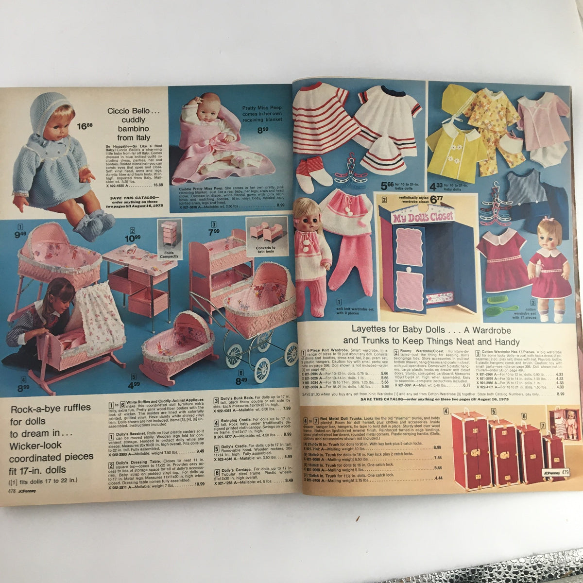 1974 JCPenney Christmas Colorful Weebles Toys and Dresses Price Catalog featuring various dolls, accessories, and furniture for 11-inch dolls, showcasing vibrant colors and unique designs.