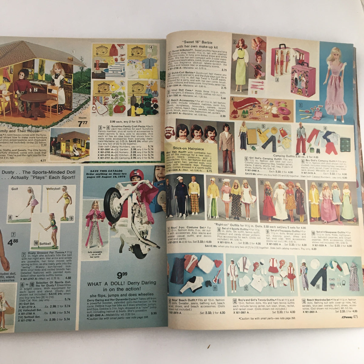 1974 JCPenney Christmas Colorful Weebles Toys and Dresses Price Catalog displaying different dolls and playsets, including Barbie and Dusty, with prices listed for each item.