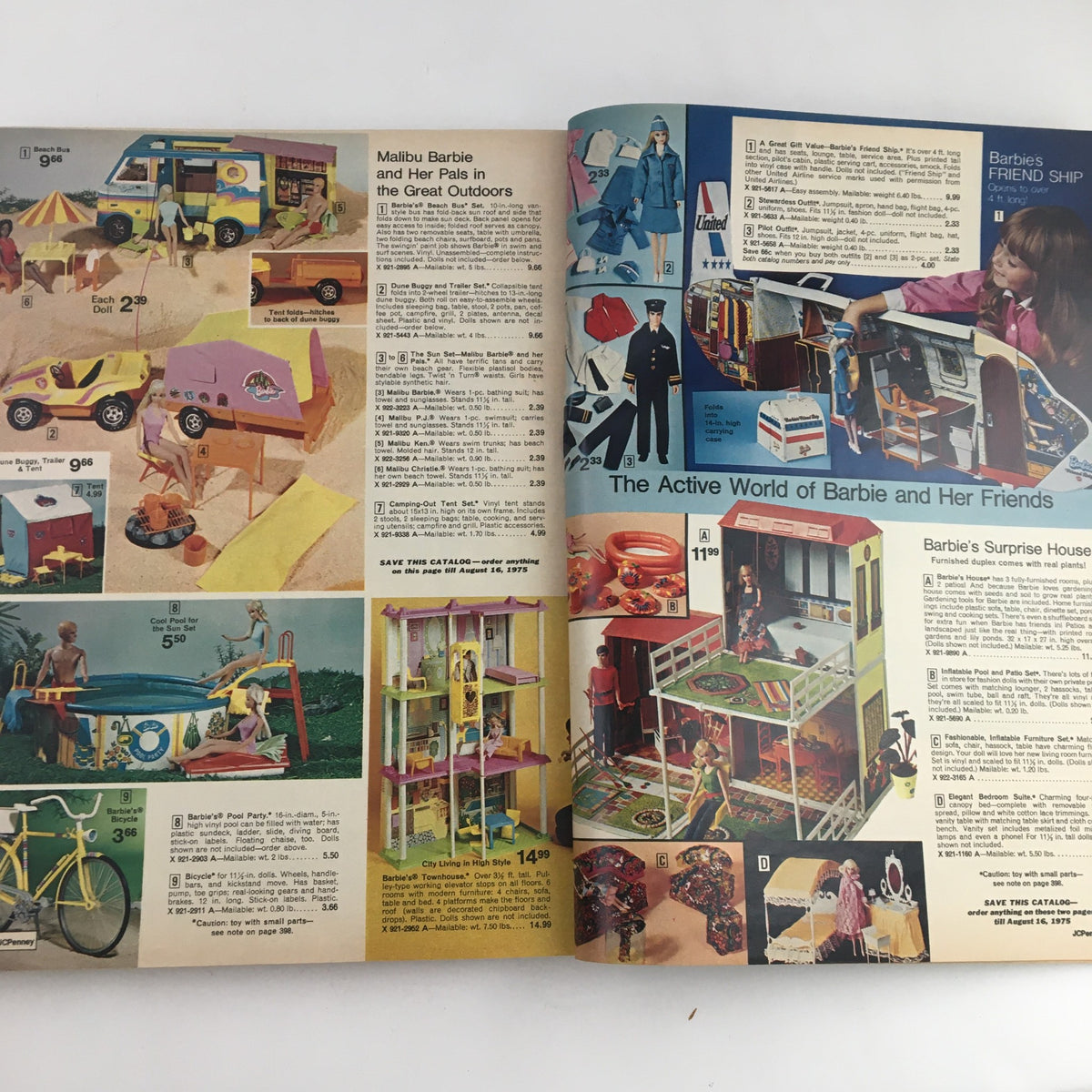 1974 JCPenney Christmas Colorful Weebles Toys and Dresses Price Catalog illustrating outdoor-themed Barbie playsets and dollhouse items, featuring colorful designs and detailed accessories.