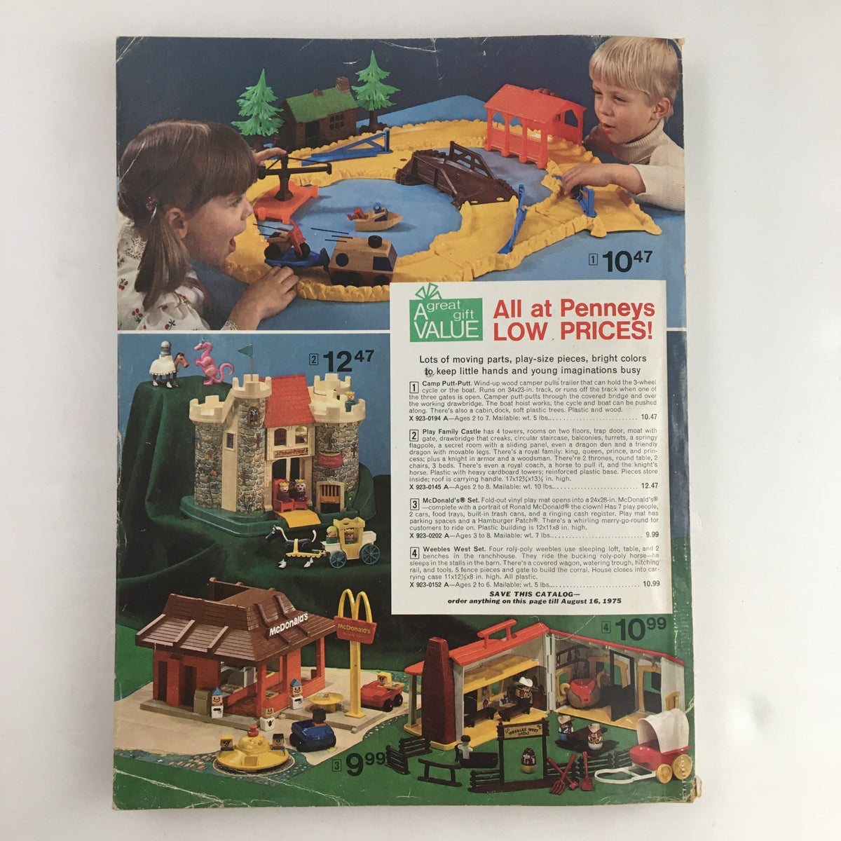 1974 JCPenney Christmas Colorful Weebles Toys and Dresses Price Catalog back cover showcasing a playset with children interacting with toy sets like castles and vehicles, emphasizing fun and creativity.