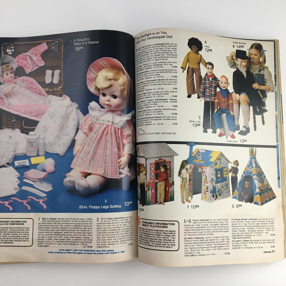 1979 The JCPenney Christmas Toys Prices Catalog showcasing various dolls and toys including Floppy Legs Sofia and playsets.