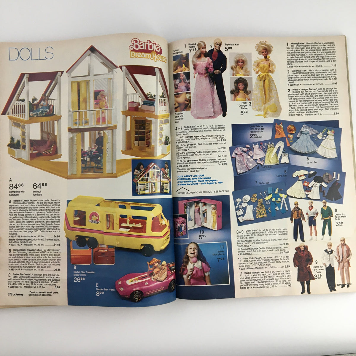1979 The JCPenney Christmas Toys Prices Catalog featuring Barbie Dream House and a collection of Barbie dolls and fashion accessories.