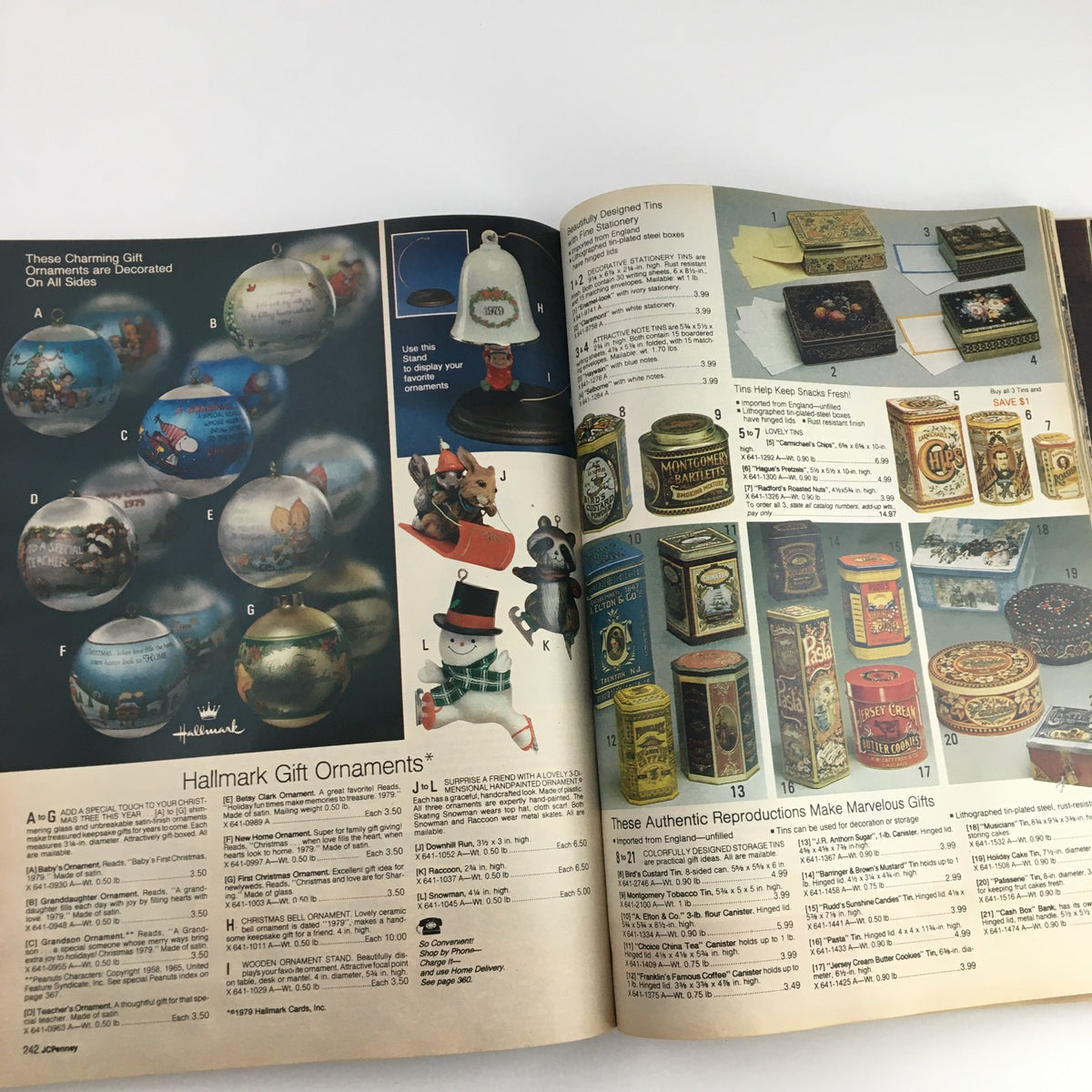 1979 The JCPenney Christmas Toys Prices Catalog displaying Hallmark gift ornaments and decorative tins, highlighting holiday gift options.