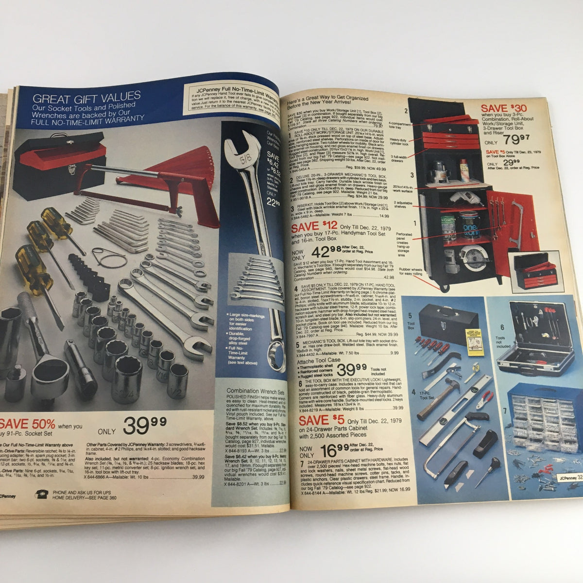 1979 The JCPenney Christmas Toys Prices Catalog showing a variety of tools and tool kits with discounted prices for holiday gift ideas.