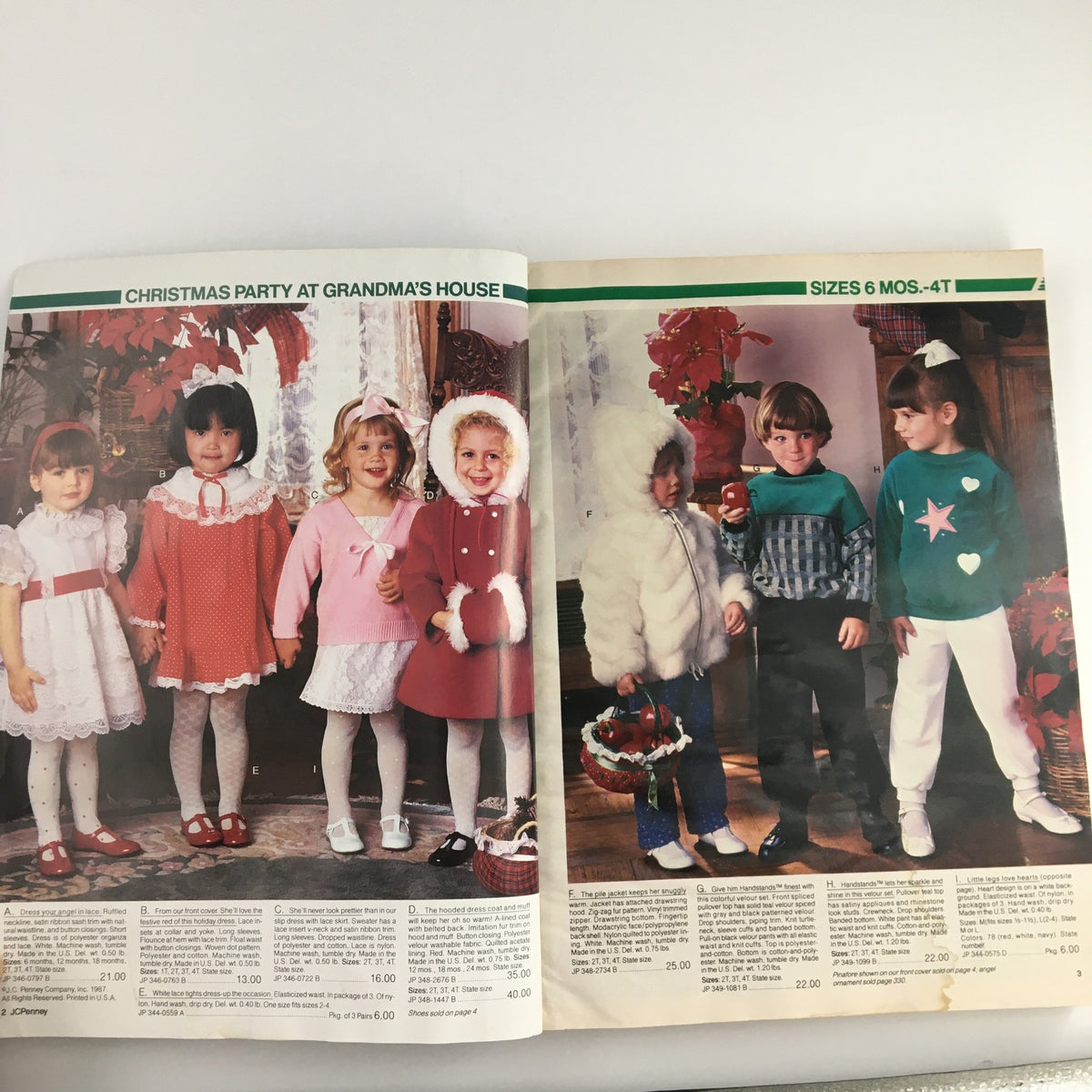 Inside spread of the 1987 JCPenney Christmas Party at Grandma's House Catalog showcasing children in holiday outfits amid Christmas decorations.