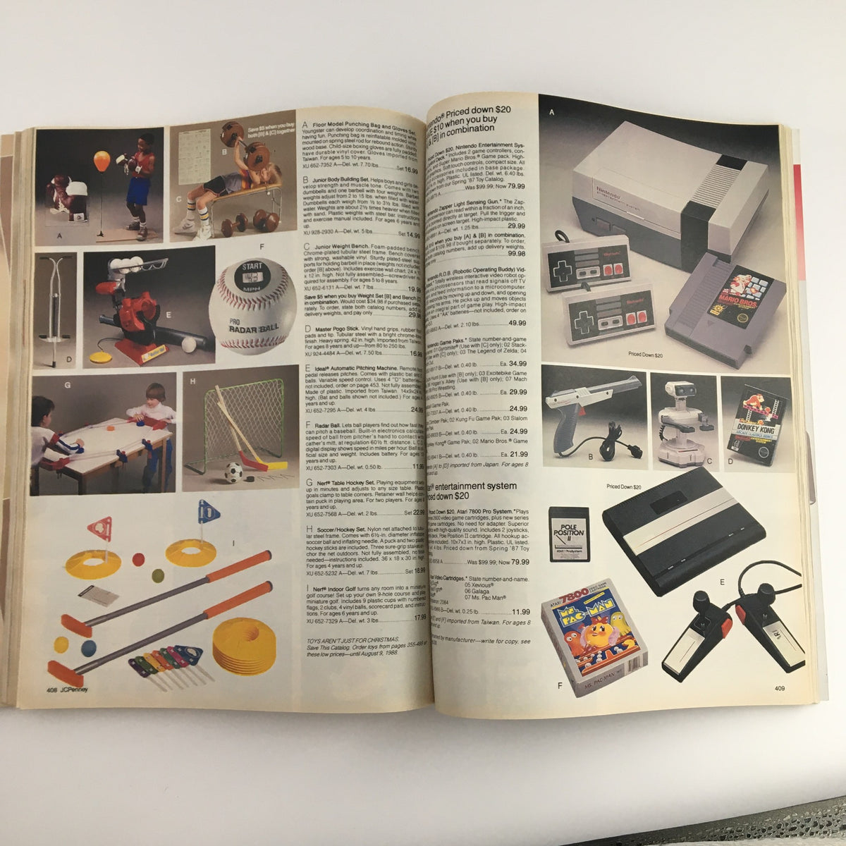 Inside pages of the 1987 JCPenney Christmas Party at Grandma's House Catalog featuring toys and a Nintendo Entertainment System advertisement.